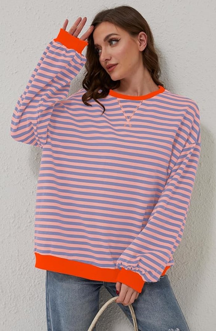 Women's Oversized Drop-Shoulder Striped Contrast-Trim Sweatshirt - Orange & Blue