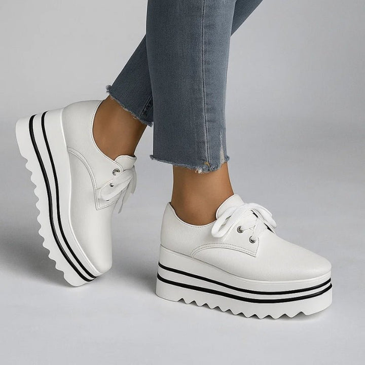 Women's Platform Oxford Shoes Lace Up Wedge Sneakers - White