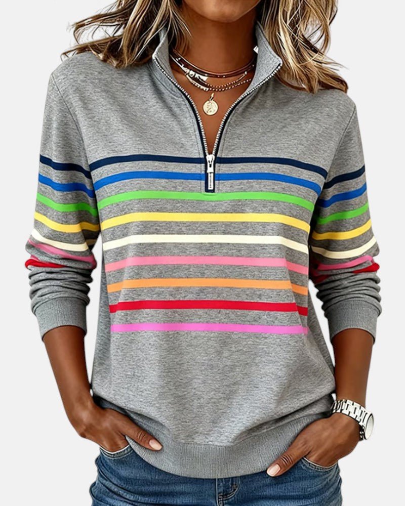 Women's Quarter Zip Sweatshirt Striped Long Sleeve Pullover - Gray