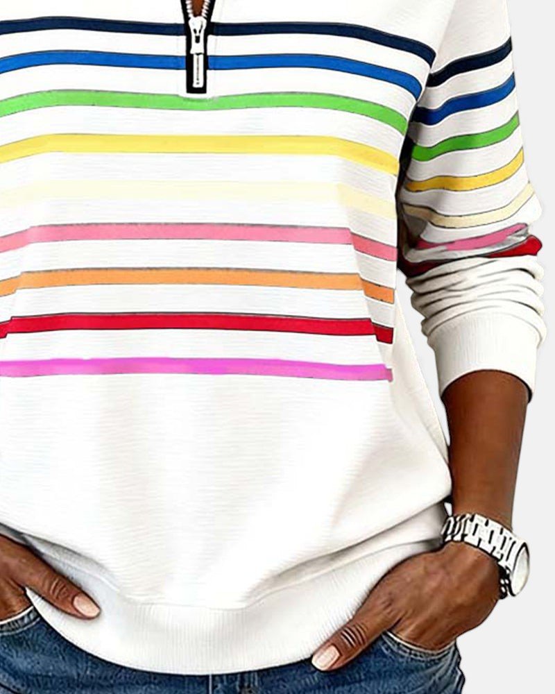 Women's Quarter Zip Sweatshirt Striped Long Sleeve Pullover