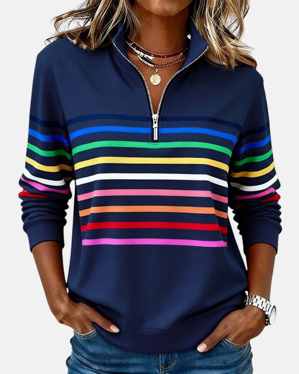 Women's Quarter Zip Sweatshirt Striped Long Sleeve Pullover - Navy Blue
