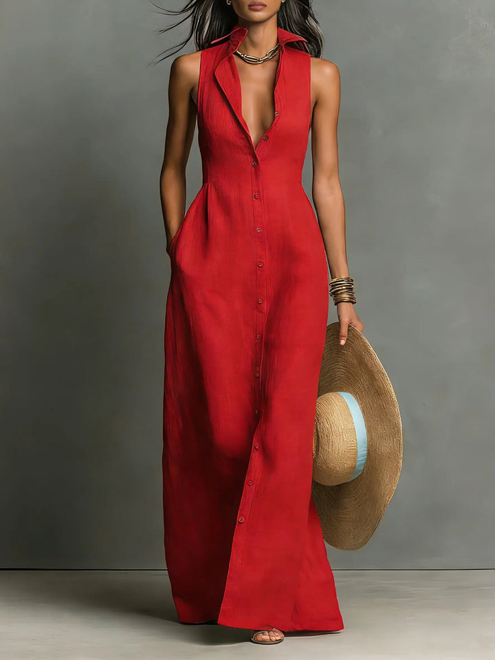 Women's Sleeveless Collared Linen Button-Front Maxi Dress - Red