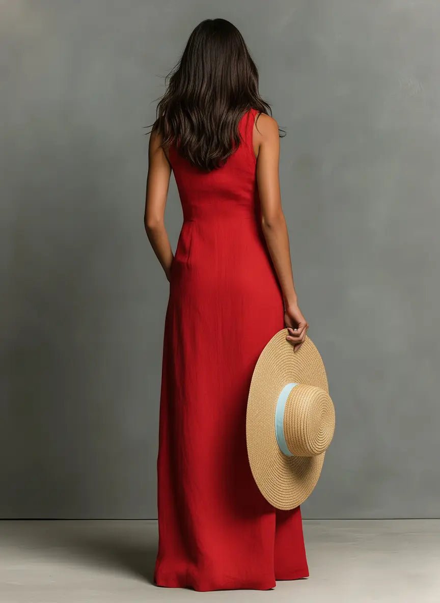 Women's Sleeveless Collared Linen Button-Front Maxi Dress