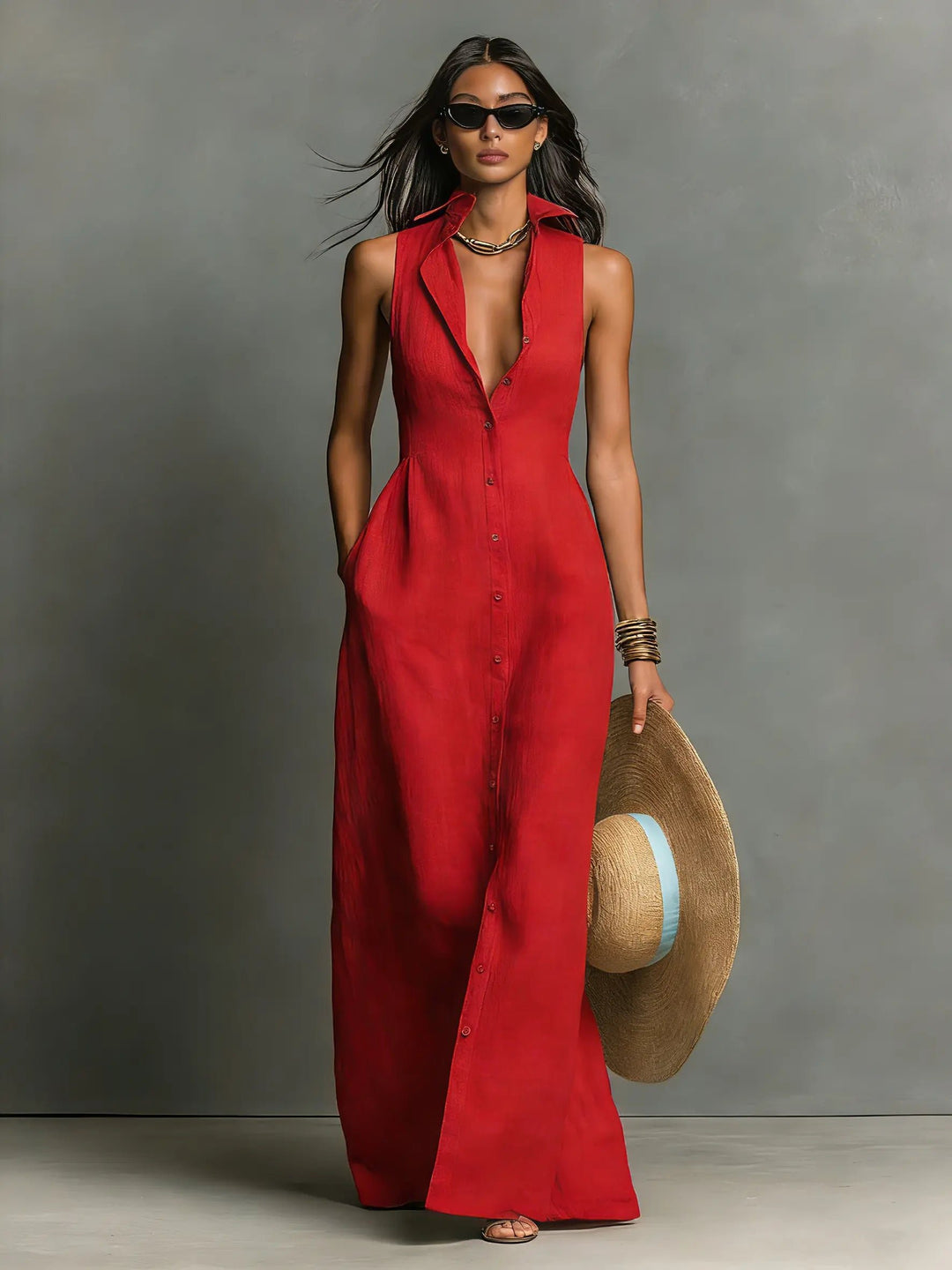 Women's Sleeveless Collared Linen Button-Front Maxi Dress