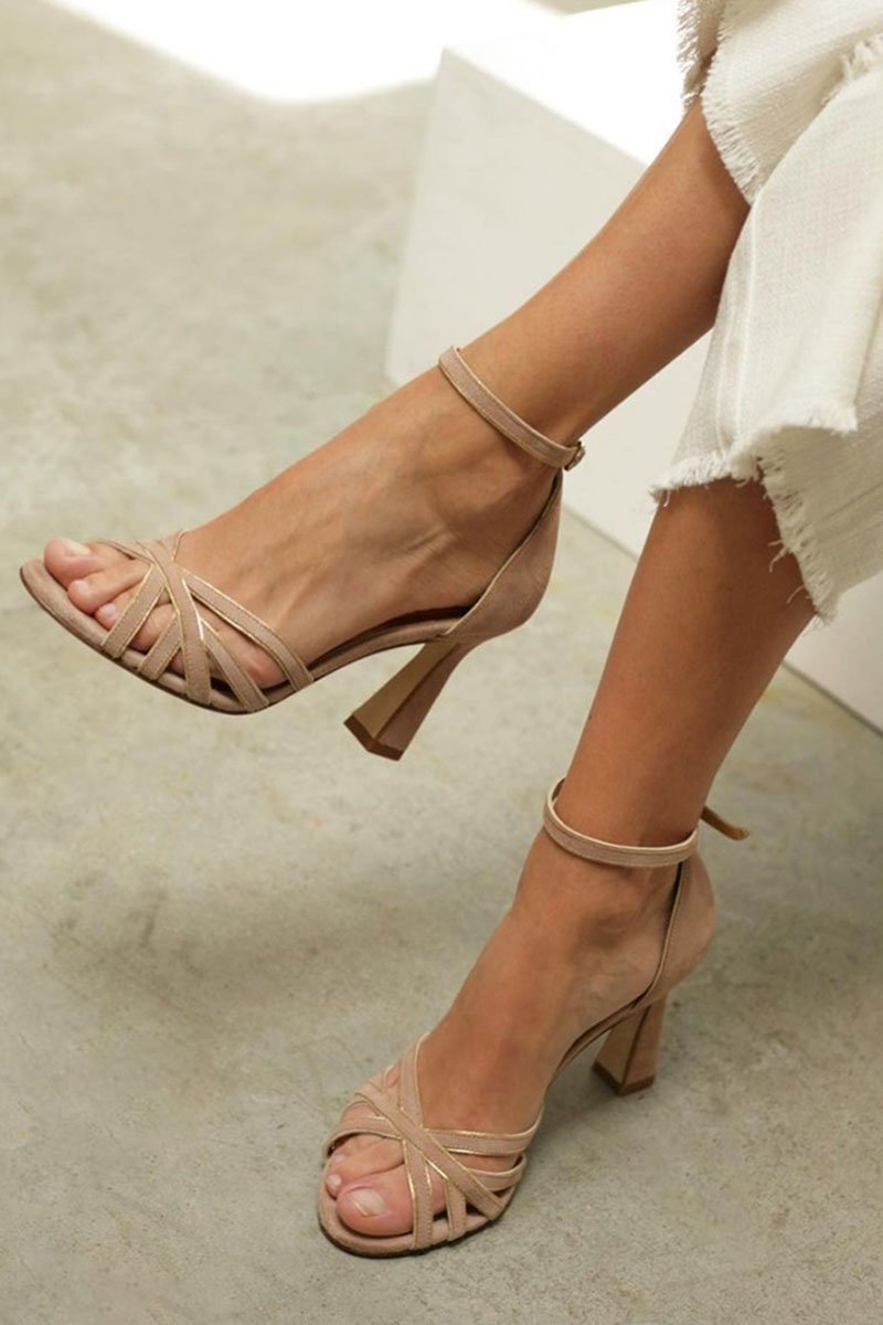 Women's Strappy Heeled Sandals Ankle Strap Block Heel - Beige