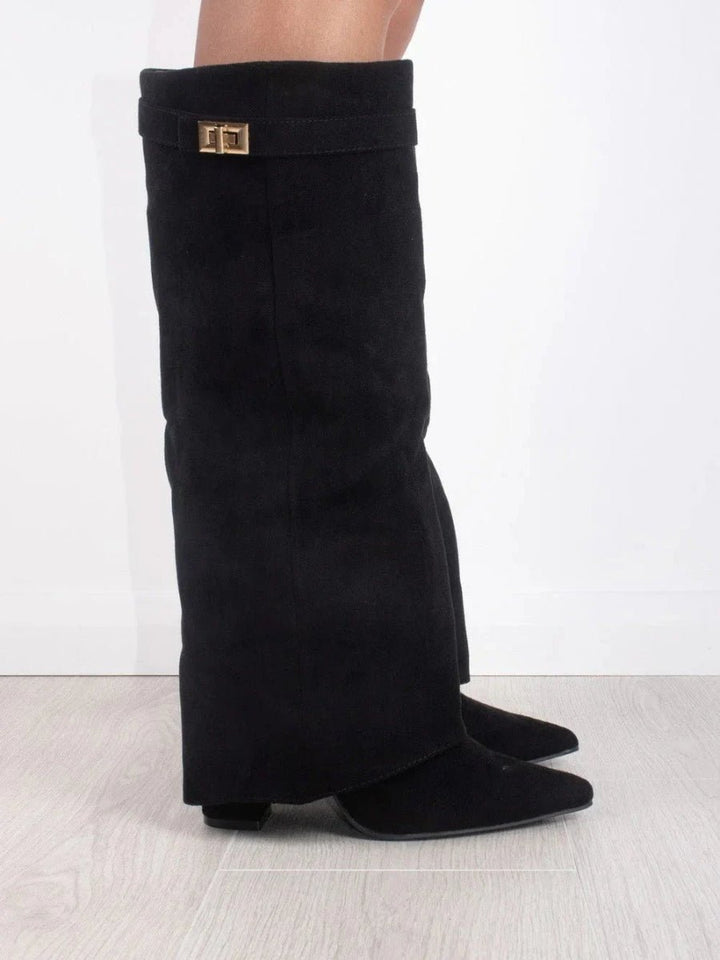 Women's Suede Knee High Boots with Gold Hardware