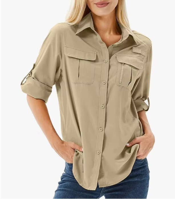 Women's UPF 50 Long Sleeve Hiking Shirt Roll-Up Safari - Mud Yellow