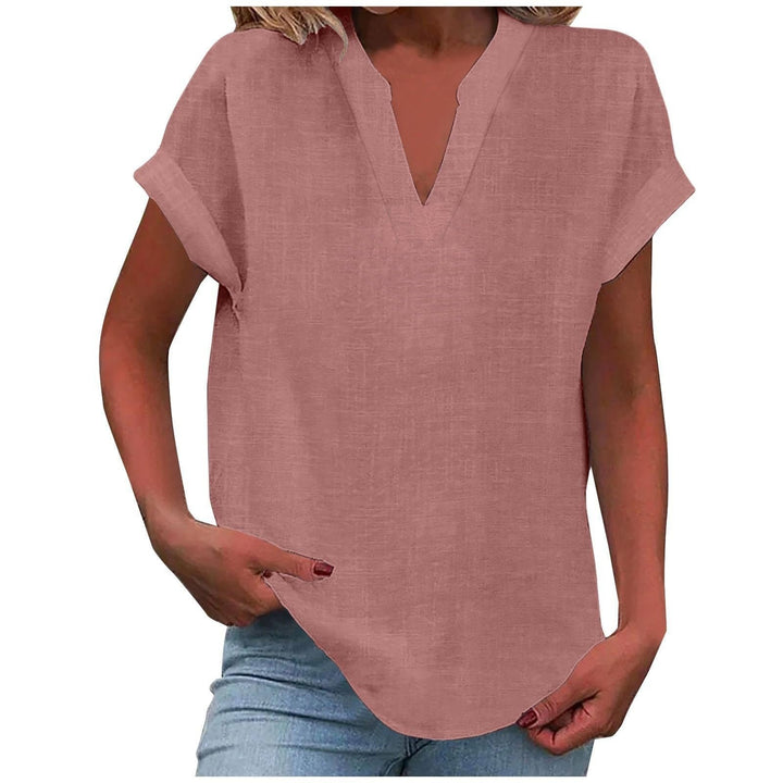 Women's V-Neck Blouse Relaxed Fit Short Sleeve - Pink