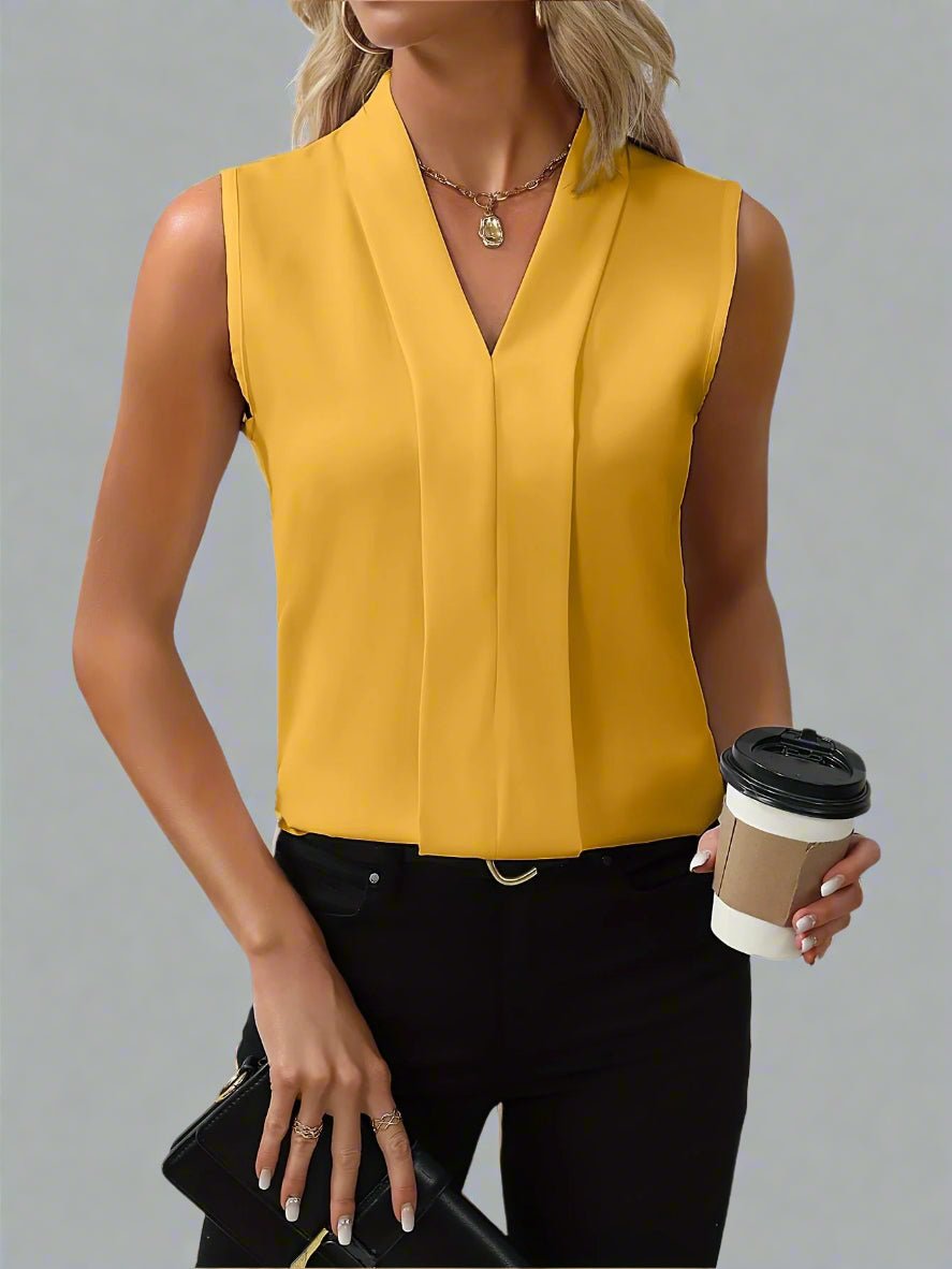 Women's V-Neck Sleeveless Blouse with Pleated Front - Yellow