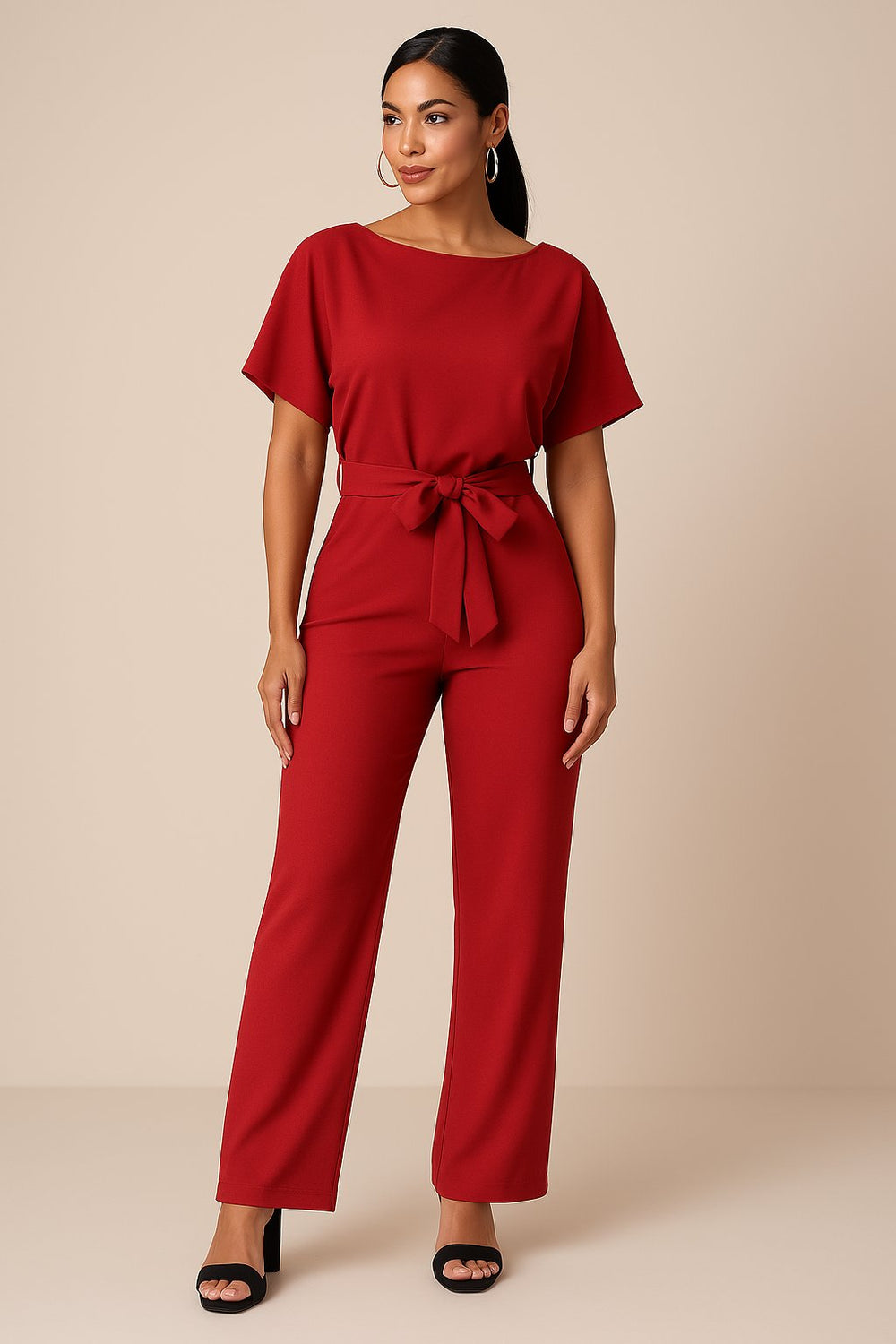 Women's Wide Leg Jumpsuit Short Sleeve Belted - Rot