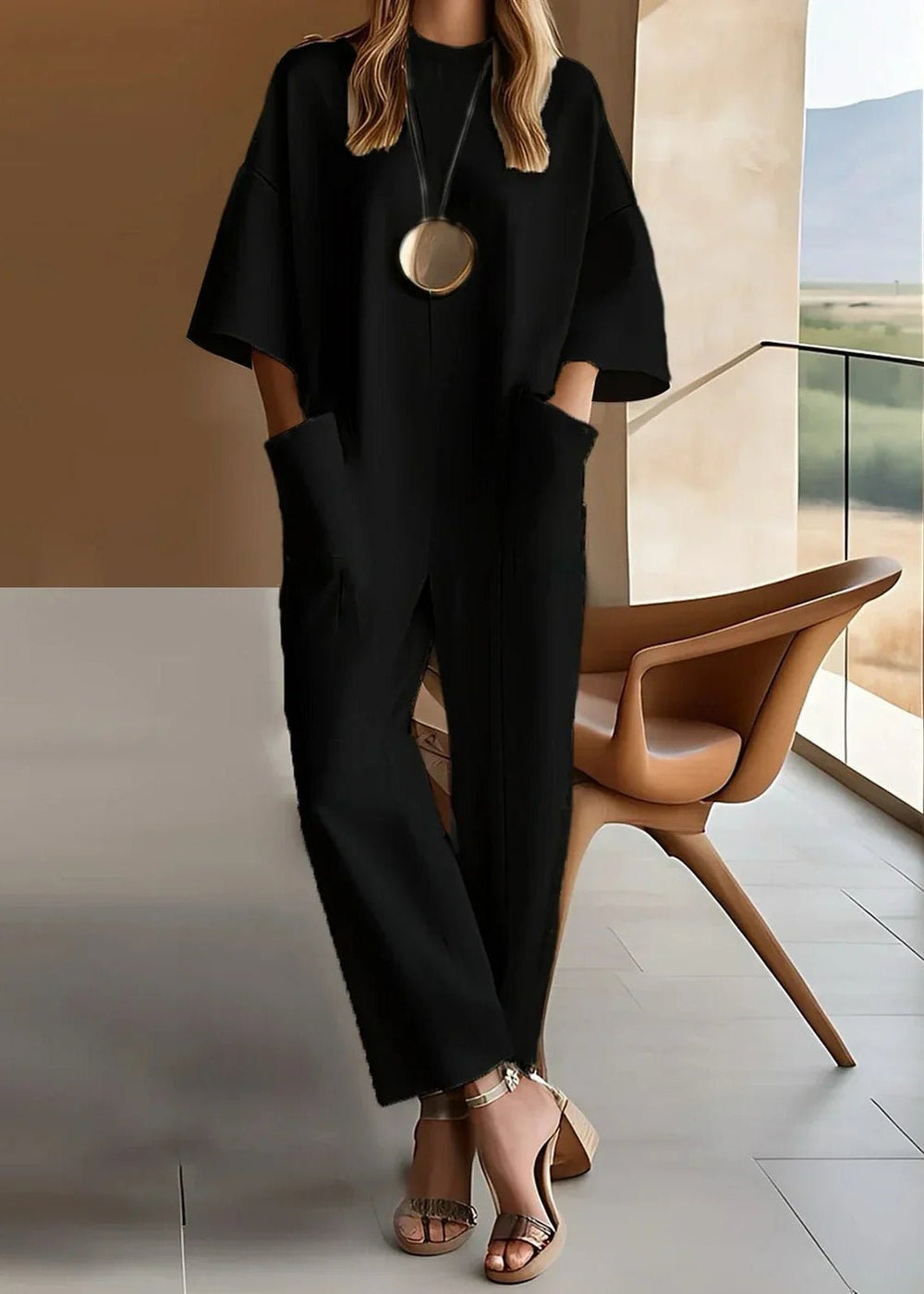 Women's Wide Leg Jumpsuit Short Sleeve Crew Neck - Black