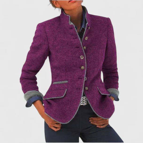 Women's Wool Blazer Stand-up Collar Button-Front Tailored - Purple