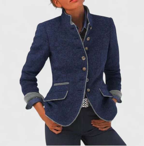 Women's Wool Blazer Stand-up Collar Button-Front Tailored - Blue