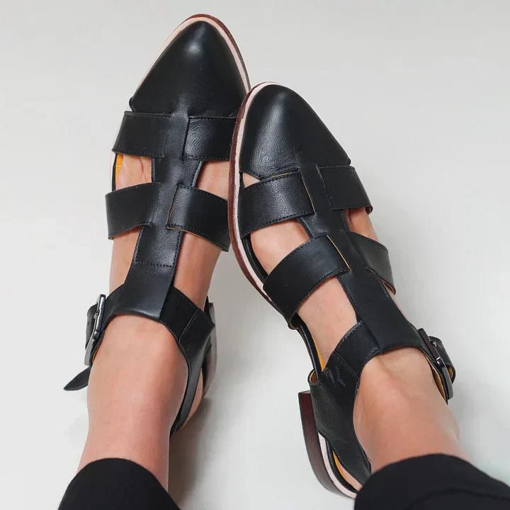 Women's Woven Flat Sandals Buckle Strap Closed Toe - Black